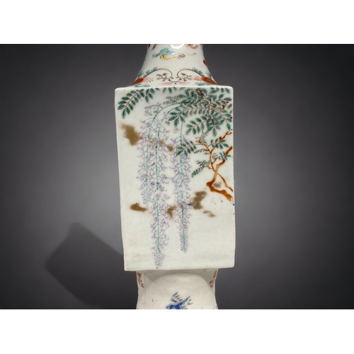 214 - AN UNUSUAL JAPANESE KAKIEMON PORCELAIN VASE, CONVERTED TO A LAMP. A 'TWISTED' SQUARE BOY WITH A LONG... 