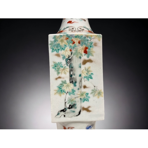 214 - AN UNUSUAL JAPANESE KAKIEMON PORCELAIN VASE, CONVERTED TO A LAMP. A 'TWISTED' SQUARE BOY WITH A LONG... 