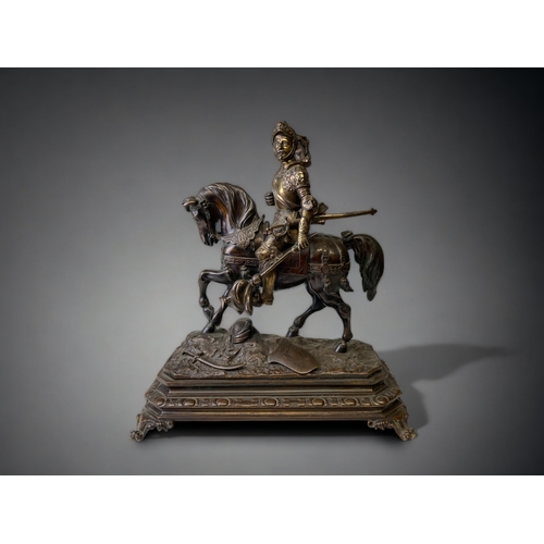 204 - A LARGE BRONZE TEMPLAR KNIGHT ON HORSEBACK FIGURE.
19TH CENTURY.
FINELY CAST & DETAILED ON RAISED FO... 