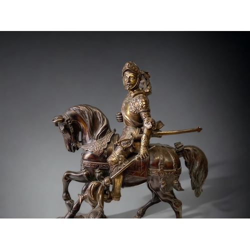 204 - A LARGE BRONZE TEMPLAR KNIGHT ON HORSEBACK FIGURE.
19TH CENTURY.
FINELY CAST & DETAILED ON RAISED FO... 