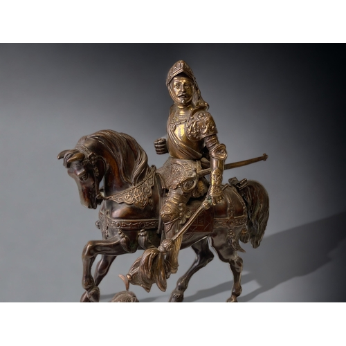 204 - A LARGE BRONZE TEMPLAR KNIGHT ON HORSEBACK FIGURE.
19TH CENTURY.
FINELY CAST & DETAILED ON RAISED FO... 