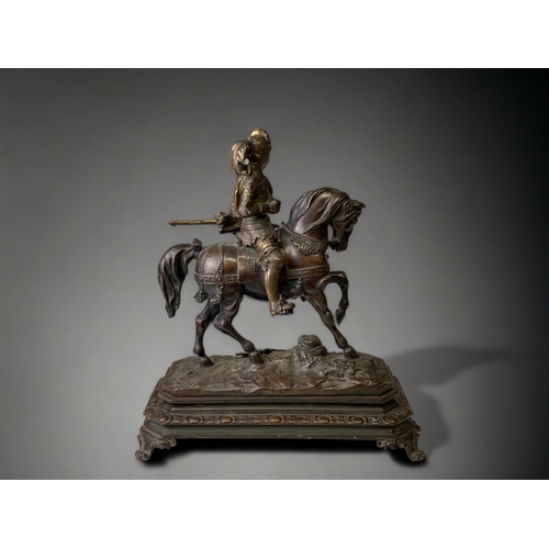 204 - A LARGE BRONZE TEMPLAR KNIGHT ON HORSEBACK FIGURE.
19TH CENTURY.
FINELY CAST & DETAILED ON RAISED FO... 