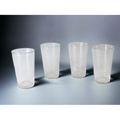 219 - A 1950'S CHANCE GLASS DRINKING SET. INCLUDES FOUR DRINKING GLASSES & TRAY IN SWIRL PATTERN, WITH A S... 