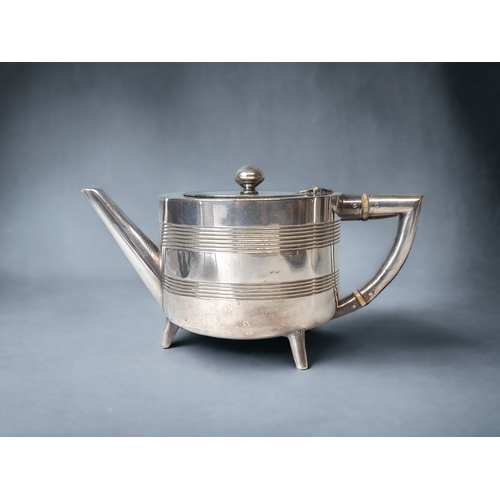 233 - A CHRISTOPHER DRESSER FOR HENRY WILKINSON SILVER PLATE TEA SET. 
TEAPOT - 12 X 21CM
EXAMPLES FOUND O... 