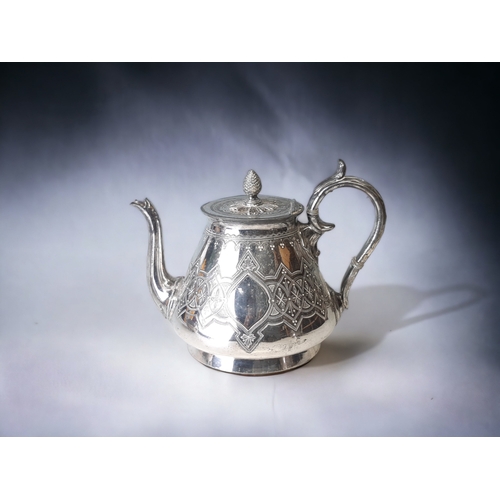 250 - A 19TH CENTURY DRESSER STYLE JAMES DIXON TEAPOT, TOGETHER WITH SIMILAR SUGAR BOWLS.