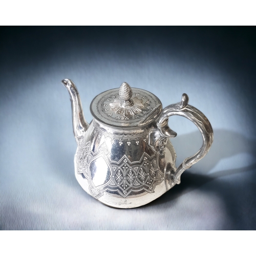 250 - A 19TH CENTURY DRESSER STYLE JAMES DIXON TEAPOT, TOGETHER WITH SIMILAR SUGAR BOWLS.