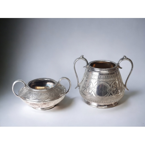 250 - A 19TH CENTURY DRESSER STYLE JAMES DIXON TEAPOT, TOGETHER WITH SIMILAR SUGAR BOWLS.