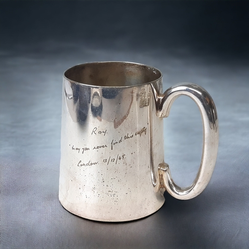 257 - FOUR SILVER PLATE TANKARDS.