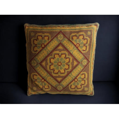 68 - THREE ANTIQUE & VINTAGE TAPESTRY & EMBROIDERED CUSHIONS.