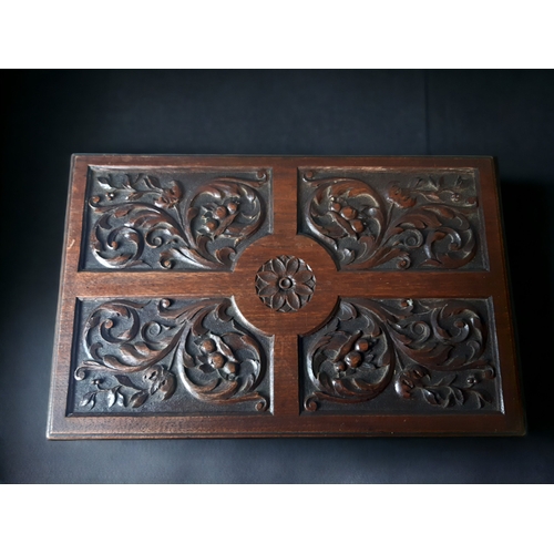 262 - A 19TH CENTURY AESTHETIC DESIGN CARVED OAK BIBLE BOX. 
41 X 27 X 15CM