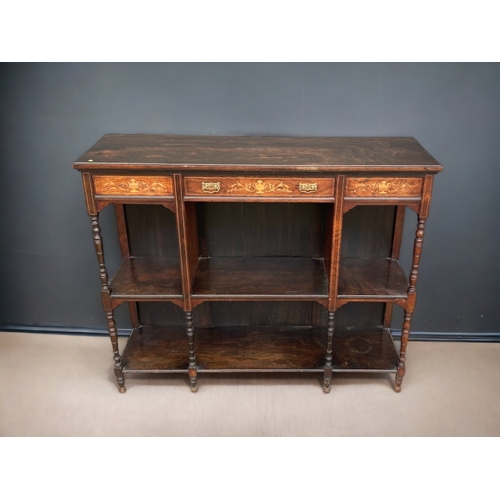 86 - VICTORIAN INLAID MAHOGANY OPEN FRONT BOOKSHELF. WITH CENTRAL DRAWER.