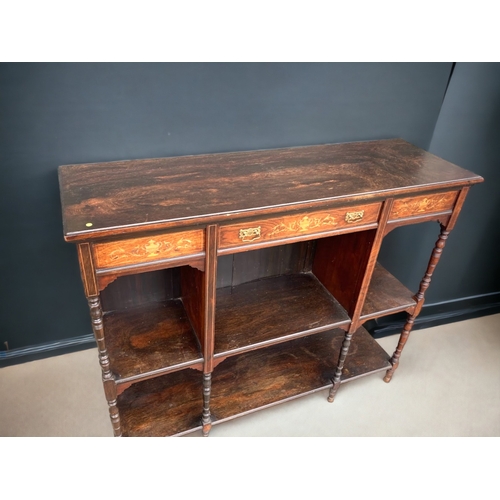 86 - VICTORIAN INLAID MAHOGANY OPEN FRONT BOOKSHELF. WITH CENTRAL DRAWER.