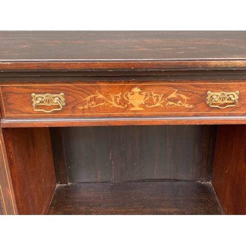 86 - VICTORIAN INLAID MAHOGANY OPEN FRONT BOOKSHELF. WITH CENTRAL DRAWER.