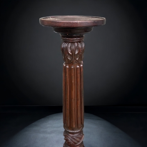 92 - A VICTORIAN TRIPOD CARVED TORCHERE STAND.