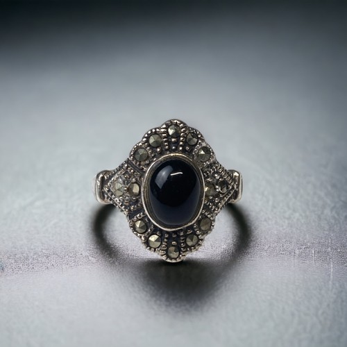 129 - Black Onyx Art Deco silver marcasite ring Size N 1/2.