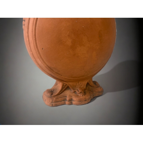 266 - A 19TH CENTURY WATCOMBE POTTERY MOON FLASK VASE. RELIEF MOUNTED WITH STYLISED ZOOMORPHIC MASKS TO SH... 