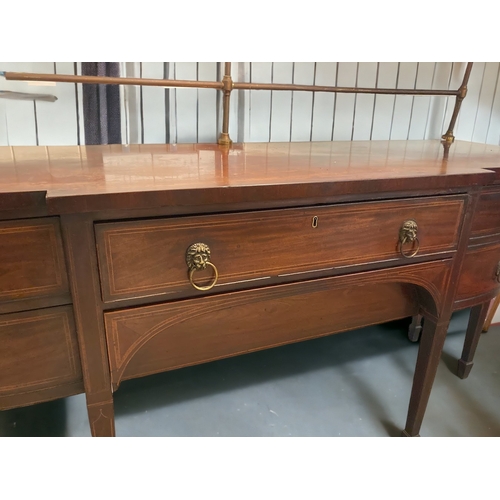 65A - A LATE GEORGIAN / EARLY VICTORIAN MAHOGANY BREAKFRONT SIDEBOARD. WITH BRASS GALLERY.