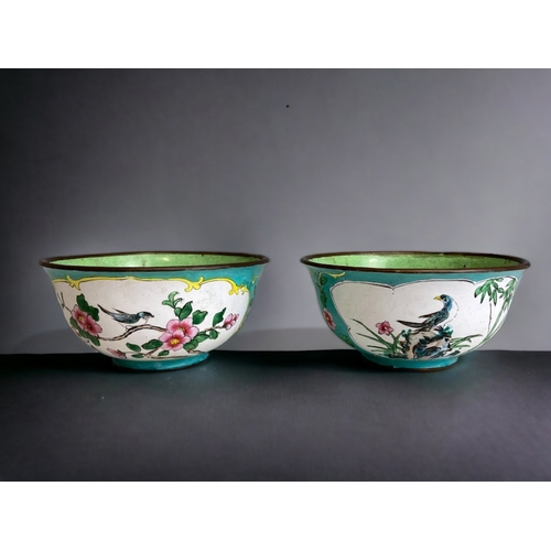 60A - TWO CHINESE REPUBLIC PERIOD HAND PAINTED ENAMEL BOWLS, TOGETHER WITH A PIN TRAY & MATCHBOX VESTA.