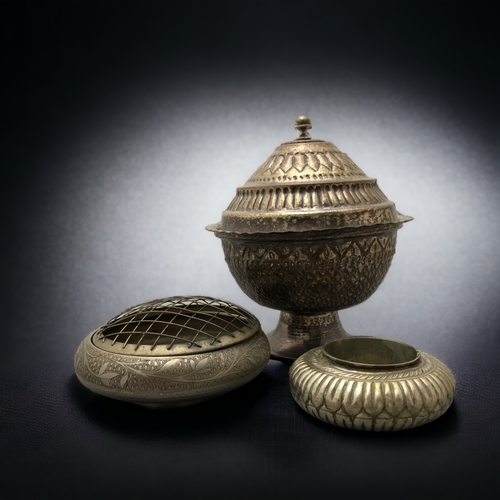 290 - A PERSIAN SILVERED COPPER LIDDED URN TOGETHER WITH