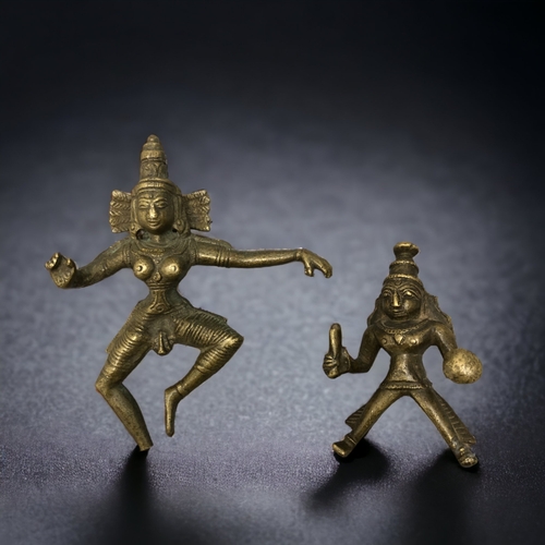 293 - TWO ANTIQUE INDIAN BRASS DANCING PARVATI FIGURES.