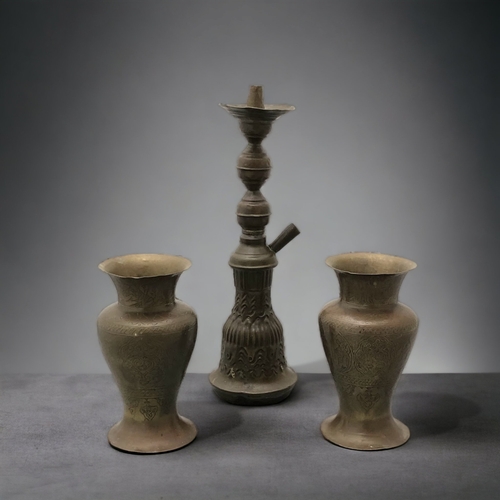 295 - A 19TH CENTURY MIDDLE EASTERN SHEESHA PIPE, TOGETHER WITH TWO VASES.