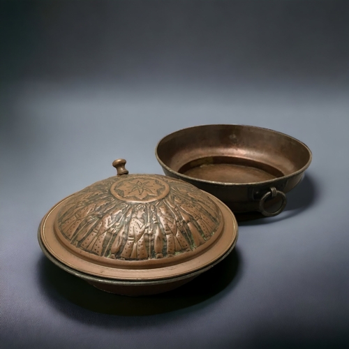 296 - A PERSIAN LIDDED COPPER ROASTING DISH AND ONE OTHER.