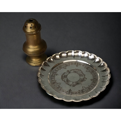 300 - A VICTORIAN BRASS SUGAR SIFTER, TOGETHER WITH A BRITANNIA METAL DISH.