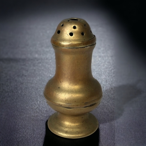 300 - A VICTORIAN BRASS SUGAR SIFTER, TOGETHER WITH A BRITANNIA METAL DISH.