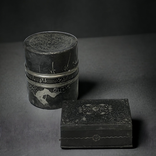 273 - AN ASIAN PEWTER TEA CADDY, TOGETHER WITH AN INLAID METAL BOX.