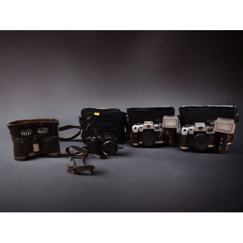 330 - A COLLECTION OF VINTAGE CAMERAS & A PAIR OF BINOCULARS.