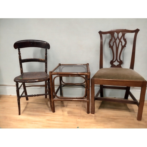 7 - TWO ANTIQUE OCCASIONAL CHAIRS, TOGETHER WITH A CANE SIDE TABLE.