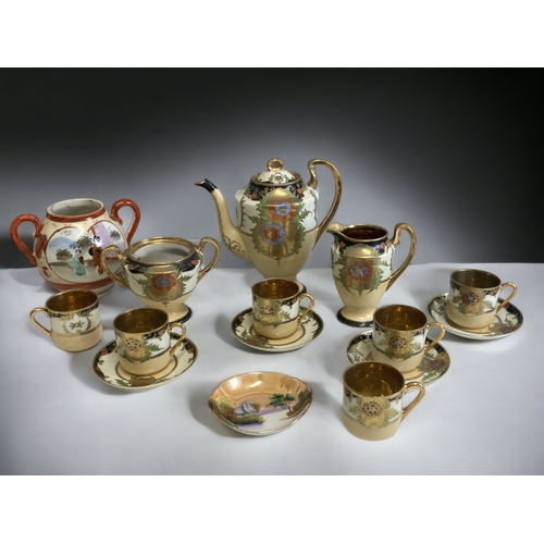 286 - A HAND PAINTED JAPANESE PORCELAIN PART COFFEE SET, TOGETHER WITH A NORITAKE DISH AND KUTANI SUGAR BO... 