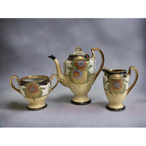 286 - A HAND PAINTED JAPANESE PORCELAIN PART COFFEE SET, TOGETHER WITH A NORITAKE DISH AND KUTANI SUGAR BO... 