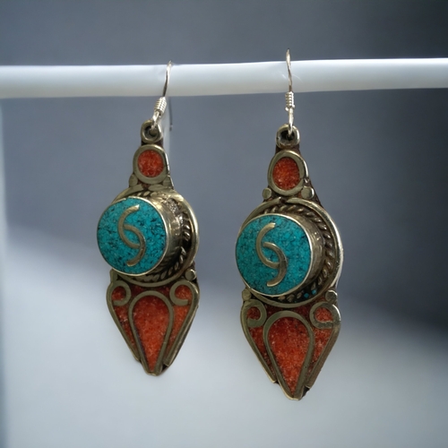 177 - A TIBETAN SILVER , CORAL & TURQUOISE EARRINGS.