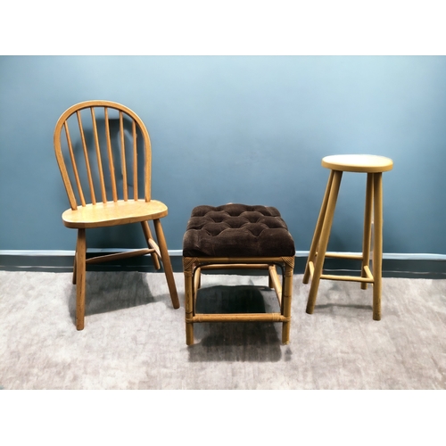10 - A PINE CHAIR AND STOOL WITH A CANE CUSIONED STOOL