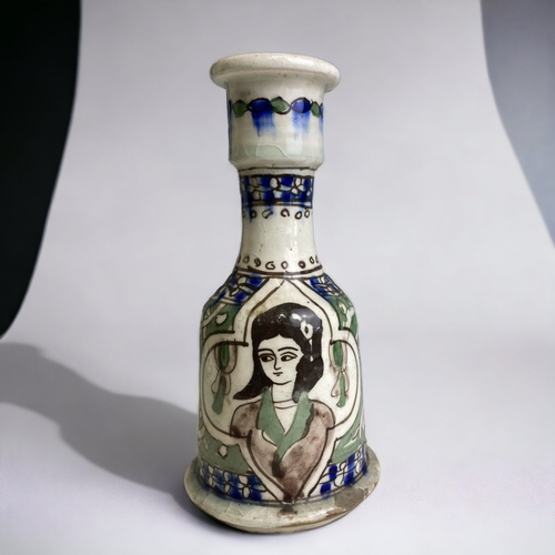 305 - A PERSIAN IZNIK HANDPAINTED 'PORTRAIT' HOOKAH BASE. 
HEIGHT - 21.5CM