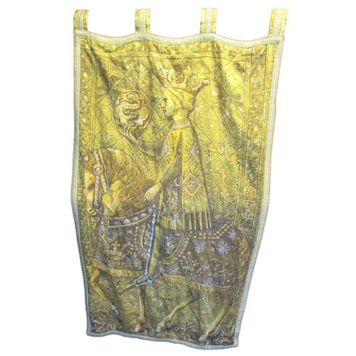 363 - A Silk Medieval Scene Wall Hanging on a Ornate Metal Bar