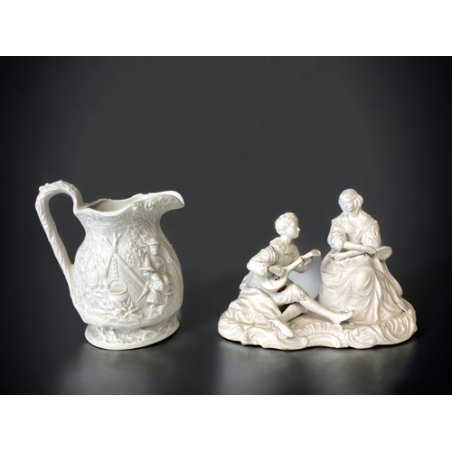 414 - A 19TH CENTURY BISCUIT PORCELAIN FIGURE GROUP, TOGETHER WITH A PARIAN RELIEF DECORATED JUG.