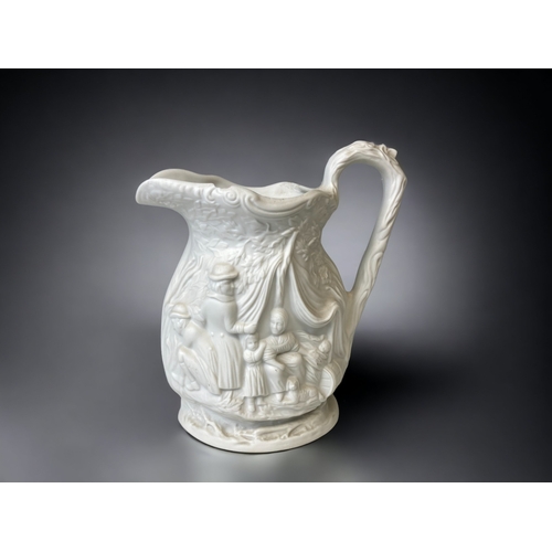 414 - A 19TH CENTURY BISCUIT PORCELAIN FIGURE GROUP, TOGETHER WITH A PARIAN RELIEF DECORATED JUG.