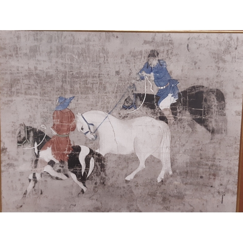 123 - A FRAMED CHINESE LITHOGRAPH 'TRIBUTE HORSES'. DEPICTING TWO HORSEMAN REIGNING A TRIBUTE HORSE.
60 X ... 