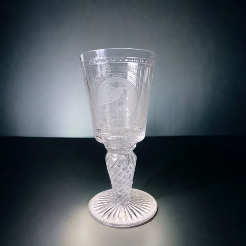 421 - A LTD EDITION MINTON CRYSTAL MARGARET THATCHER COMMEMORATIVE GOBLET. ENGRAVED WITH A PORTRAIT TO ONE... 