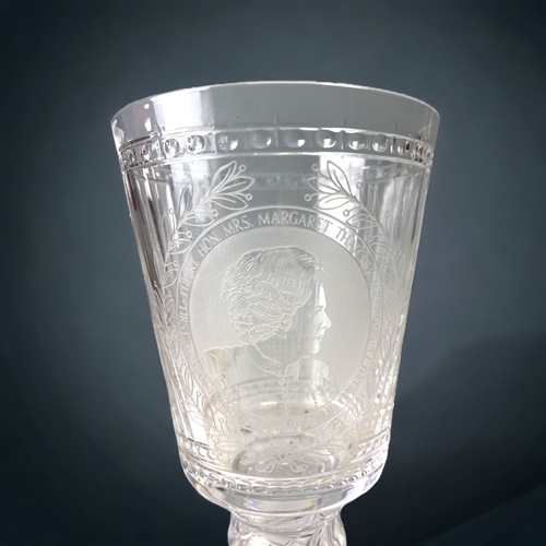 421 - A LTD EDITION MINTON CRYSTAL MARGARET THATCHER COMMEMORATIVE GOBLET. ENGRAVED WITH A PORTRAIT TO ONE... 