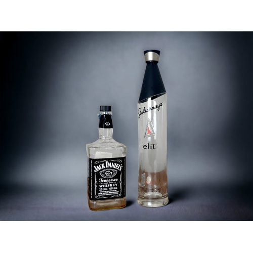 436 - TWO LARGE DECORATIVE ALCOHOLIC DISPLAY BOTTLES.
TALLEST HEIGHT - 56CM