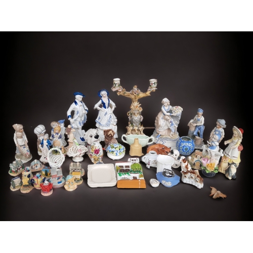 439 - A JOB LOT OF VICTORIAN & LATER CERAMIC FIGURES, CANDLESTICKS, VASES & MORE.