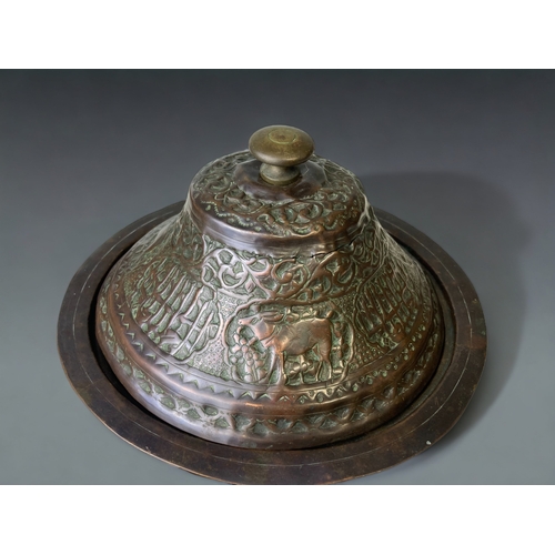 307 - A COLLECTION OF ANTIQUE ASIAN METAL WARES. INCLUDING AN ISLAMIC LIDDED COPPER DISH, A TURKISH TWIN-H... 