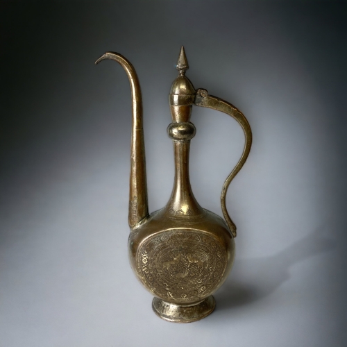 308 - A LARGE TURKISH COPPER SURAHI / DALLAH COFFEE POT. TINNED COPPER, ENGRAVED ENAMELS, WITH STYLISED BO... 