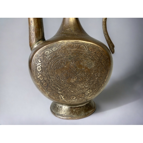 308 - A LARGE TURKISH COPPER SURAHI / DALLAH COFFEE POT. TINNED COPPER, ENGRAVED ENAMELS, WITH STYLISED BO... 