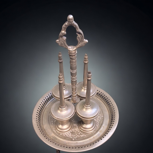 159 - A MOROCCAN ROSE WATER SPRINKLER SET ON TRAY. MADE BY ARGENTE FES VRAI. CONSISTS OF FOUR SPRINKLERS S... 