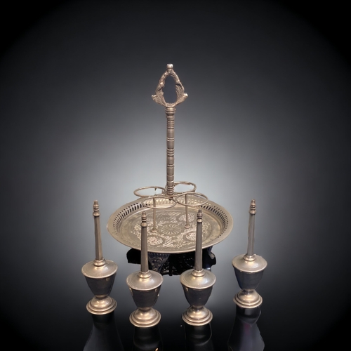 159 - A MOROCCAN ROSE WATER SPRINKLER SET ON TRAY. MADE BY ARGENTE FES VRAI. CONSISTS OF FOUR SPRINKLERS S... 