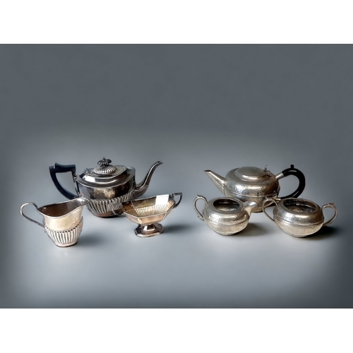 531 - A 'MY LADY' HAND-HAMMERED PEWTER TEASET, TOGETHER WITH ANOTHER SILVER PLATE PART TEASET.